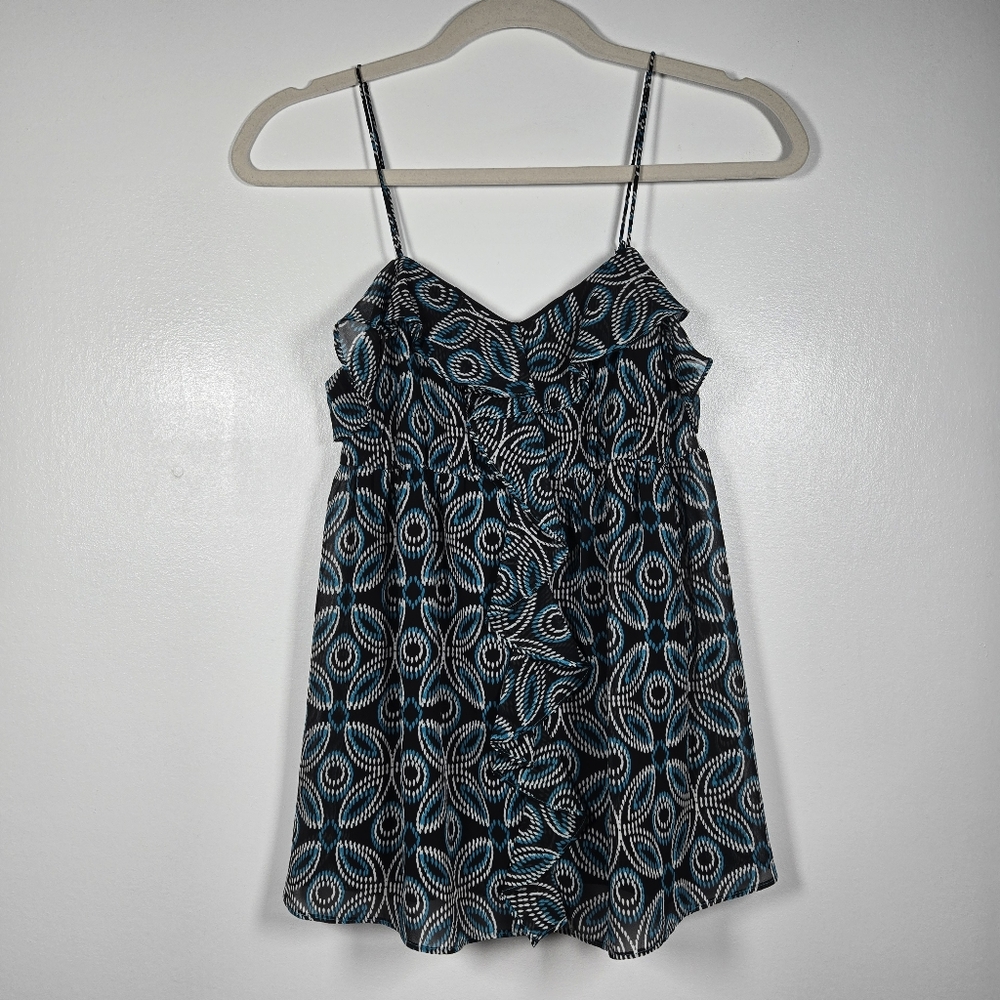 NEW Candie's Blue Black Ruffle Y2K Babydoll Abstract Printed Cami Tank Small